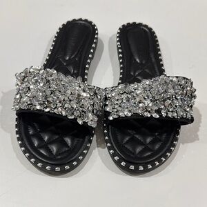Elegant Black and Silver Embellished Women's Slides